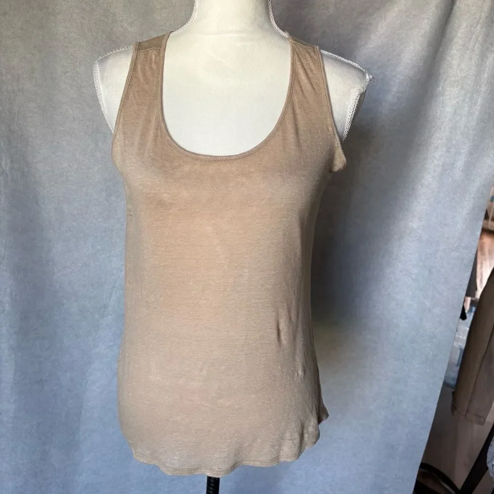 Ecru Cardigan Tank Set Size XS Light Brown Linen Open Front Two Piece Coastal